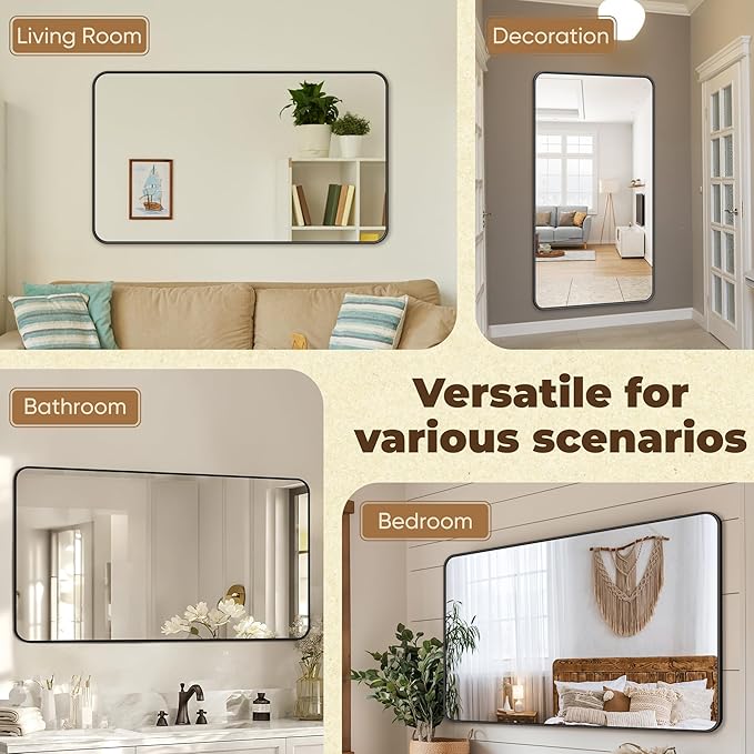 Antok Bathroom Mirror,60"x30" Wall Mirror, Decorative Mirrors Vanity Mirror Aluminum Alloy Frame Contemporary Hanging Mirror for Living Room Bathroom Entryway,Black,Round Corner