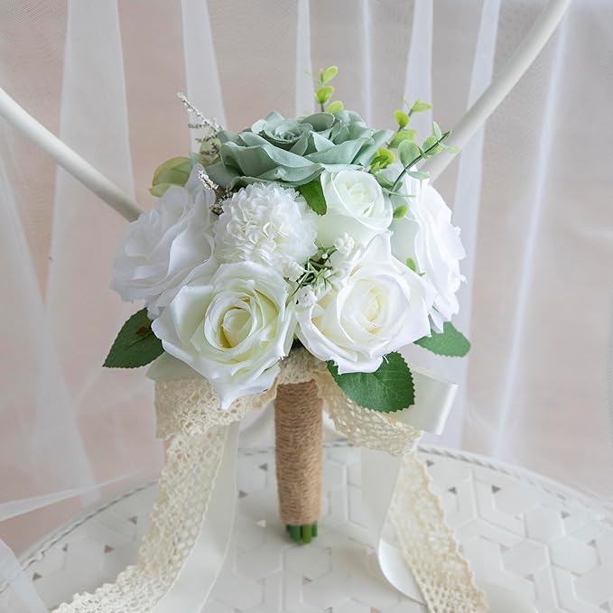 White Wedding Bouquets for Bride Bridesmaid, Artificial Sage Green Bride Flower Bouquet for Wedding Church Decoration Ceremony, Anniversary, etc, Roses Flowers