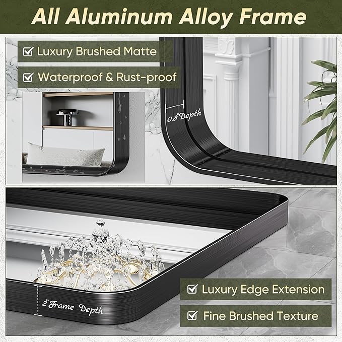Suidia Bathroom Mirror, 36" x 55" Wall Mirror Metal Framed, Bathroom Vanity Mirror for Living Room Bedroom Bathroom Entryway, Black, Rounded Corner Style