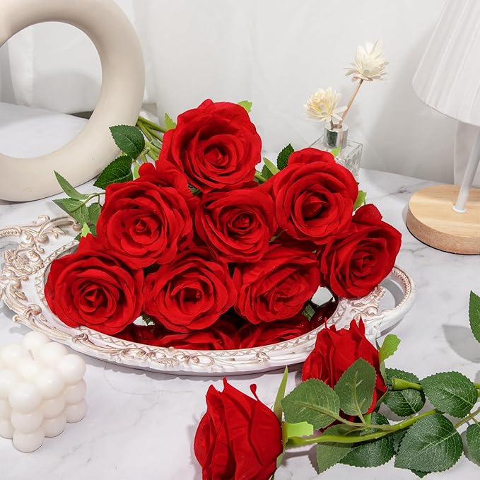 Ouddy Decor 20 Pcs Red Roses Artificial Silk Flowers Fake Roses Bouquet with Long Stems for Valentines Day Decor Wedding Home Party Table Centerpieces Bridal Bouquet DIY Floral Arrangment, Red