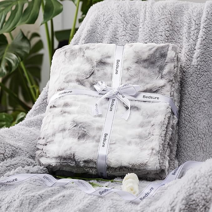 Bedsure GentleSoft Sherpa Fluffy Blanket Twin Size - Fleece Warm and Cozy Throw for Women Gift, Plush & Fuzzy Faux Fur Christmas Blanket for Couch, Bed Decor, Tie Dye Design, Light Grey, 60x80 Inches