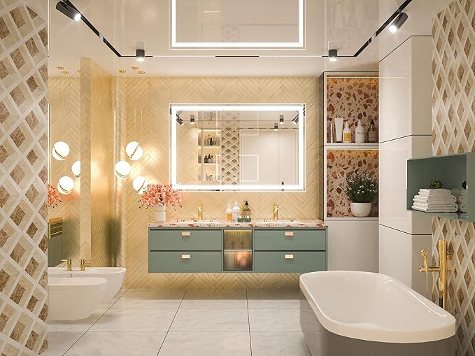 Keonjinn 55 x 36 Inch Bathroom LED Mirror, Oversized Lighted Bathroom Mirror, UL Listed LED Driver, HD Tempered Glass, Easy Installation, Anti-Fog, Memory Dimmable 6000K, CRI 90+(Horizontal/Vertical)