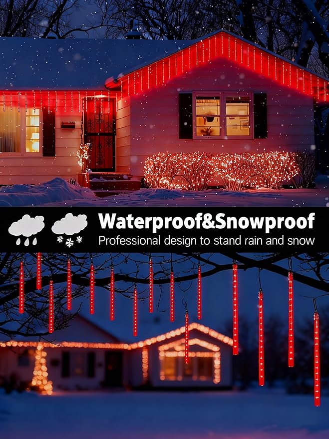 Joomer Christmas Lights Outdoor, 11.8 inch 10 Tubes 240 LED Meteor Shower Lights, LED Snow Falling Icicle Cascading Light with Timer Waterproof and Connectable for Christmas Decoration (Red)