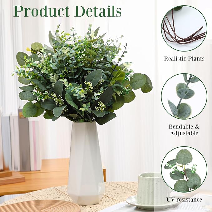 250 Pcs Artificial Eucalyptus Leaves Stem Bulk Fake Greenery Faux UV Resistant Sprays Silver Dollar Eucalyptus for DIY Wedding Bouquet Vase Floral Arrangement Decor (Green,15 Kinds)