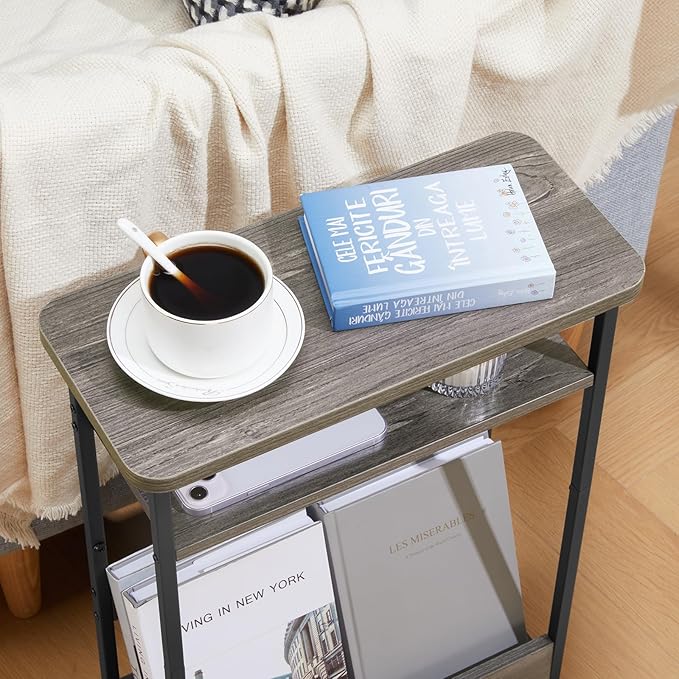 Narrow Side Table,3-Tier Slim End Table with Storage Shelf,Modern Sofa Table Thin Side Table for Narrow and Small Spaces, Skinny Bedside Table Small Nightstand with Magazine Rack Space Saving/Grey