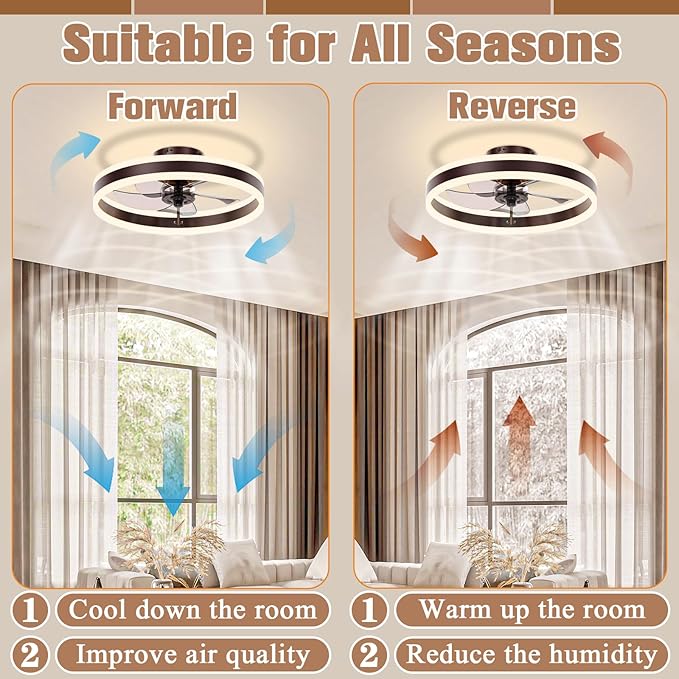VOLISUN Fandelier Ceiling Fans with Lights and Remote, 15.7in Low Profile Ceiling Fan Flush Mount, 3000K-6500K Dimmable Bladeless LED Fan Light, Brown Modern Ceiling Fans with Lights for Bedroom