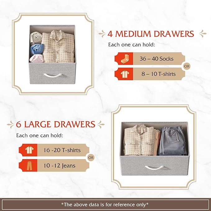 WLIVE Fabric Dresser for Bedroom, Dresser with 10 Drawers, Storage Tower with Fabric Bins, Double Dressers, Chest of Drawers for Closet, Living Room, Hallway, Light Grey