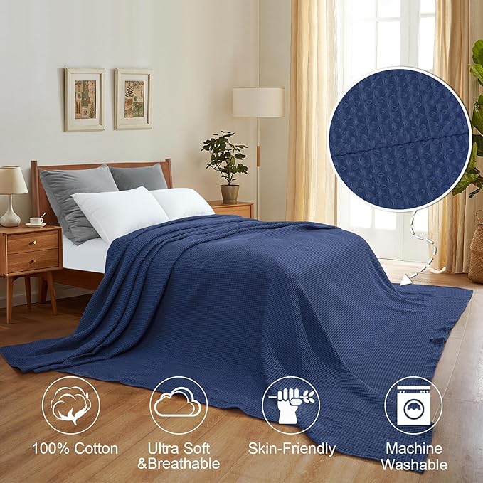 PHF 100% Cotton Waffle Weave Family Blanket,Oversized King Size 120"x 120"-Pre-Washed Snag Proof Lightweight Breathable, 10'x 10' Huge Extra Large Big,Home Decoration Gift-Navy Blue/Bright Blue