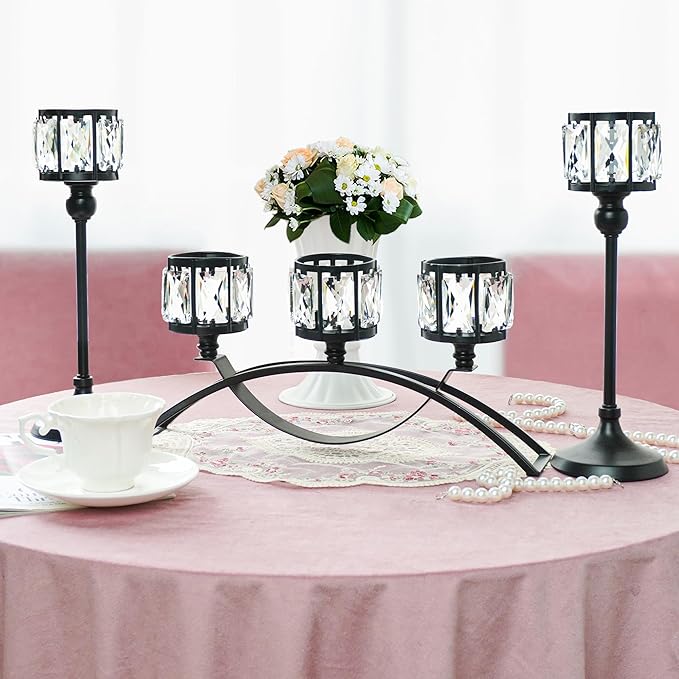 Black Set of 3 Crystal Candle Holders Arched - Elegant Tabletop Candelabra Centerpiece for Weddings, Dining Room Decor, Modern Home & Cabinet Display Housewarming