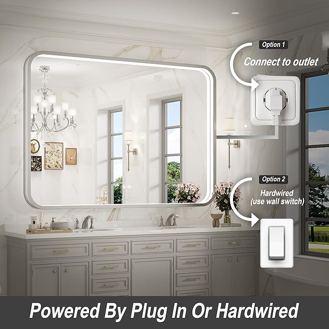 LED Bathroom Mirror with Lights,43x36 Inch Brushed Silver Framed Lighted Vanity Mirror,Anti Fog Stepless Dimmable Wall Mounted(Horizontal/Vertical)