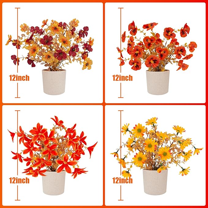Fake Potted Plants 4pcs, Artificial Fall Flowers with Vase, Autumn Harvest Decoration for Home Indoor Outdoor, Table Plants Farmhouse Decor for Kitchen, Bedroom, Living Room, Bathroom