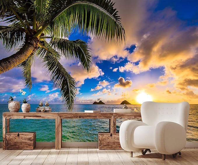 Sunset Seascape Wallpaper Palm Tree Beach Wall Mural for Living Room Bedroom Dining Room Basement(Not Self-Adhesive)