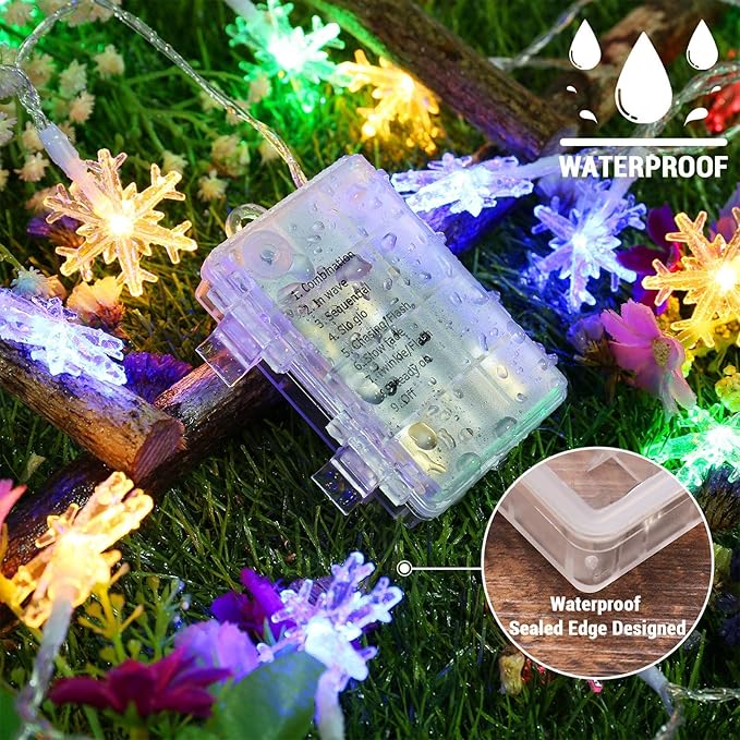 BrizLabs Colored Snowflake Lights, 40 LED 16.08ft Snow Flake Christmas Lights with Remote, 8 Modes LED String Lights Waterproof, Dimmable Battery Xmas Lights for Indoor Outdoor Christmas Tree Decor