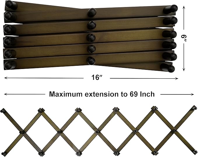 SKOLOO Hat Rack for Wall with 17 Hooks, Solid Wooden, Modern, Expandable Coat Rack Wall Mount for Coats, Hats, Bags, Baseball Caps, Dark Walnut Color