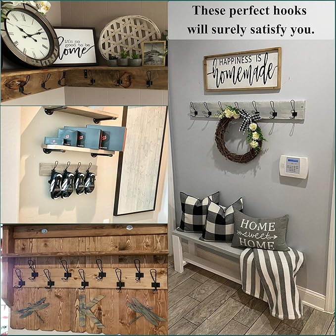 Rustic Entryway Hooks-12 Pack Farmhouse Hooks with Metal Screws Included, Black Decorative Wall Mounted Rustic Coat Hooks Rack, Double Vintage Organizer Hanging Wire Hook Clothes Hanger