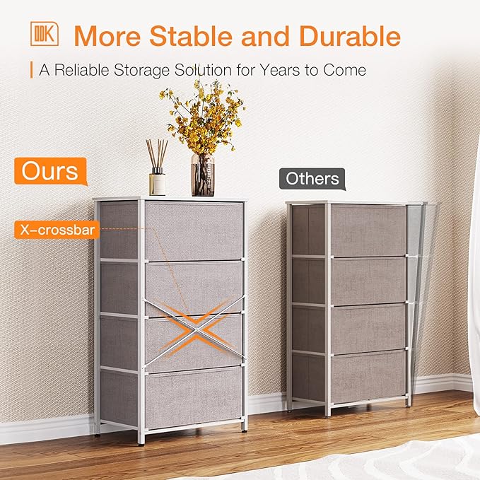 ODK Dresser for Bedroom with 4 Storage Drawers, Small Dresser Chest of Fabric Drawers with Sturdy Steel Frame, Wood Top, Light Grey