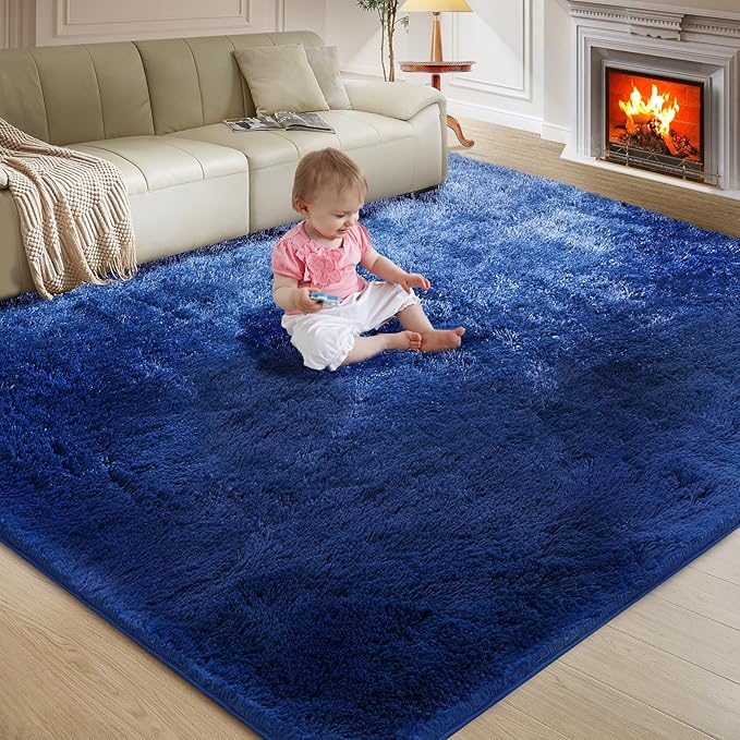 Ultra Soft Rug for Living Room, 3X5 Fluffy Shag Area Rug for Bedroom, Modern Shaggy Carpets Fuzzy Rug for Teens Dorm Nursery Home Decor Aesthetic, Upgrade Anti-Skid Durable, Blue