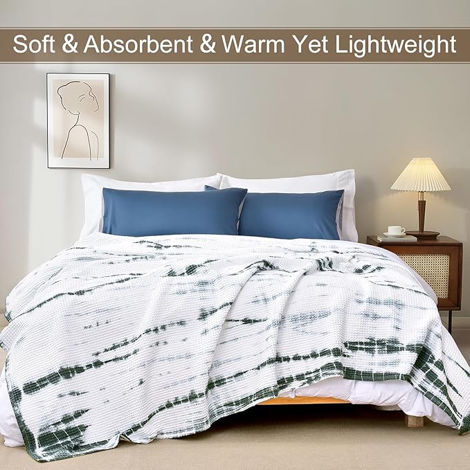 PHF 100% Cotton Tie-dye Waffle Weave Blanket King Size,Soft Breathable Skin-Friendly Durable Layering for All Season, Manual Elegant Delicate Pattern for Bed, Home Decor, Couch,Tie Dyed Green, 104x90