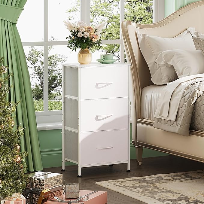 WLIVE Nightstand with 3 Drawers, Fabric Dresser, Organizer Unit, Storage Dresser for Bedroom, Hallway, Entryway, Closets, Sturdy Steel Frame, Wood Top, Easy Pull Handle, White