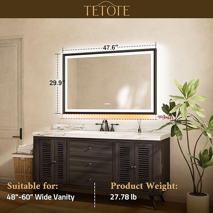 TETOTE Black LED Bathroom Mirror with Lights 48x30 Front & Back Light Vanity Framed Mirror Baroque Gothic Anti Fog Dimmable White/Warm/Natural,CRI90+,Waterproof,Wall Mounted(Horizontal/Vertical)
