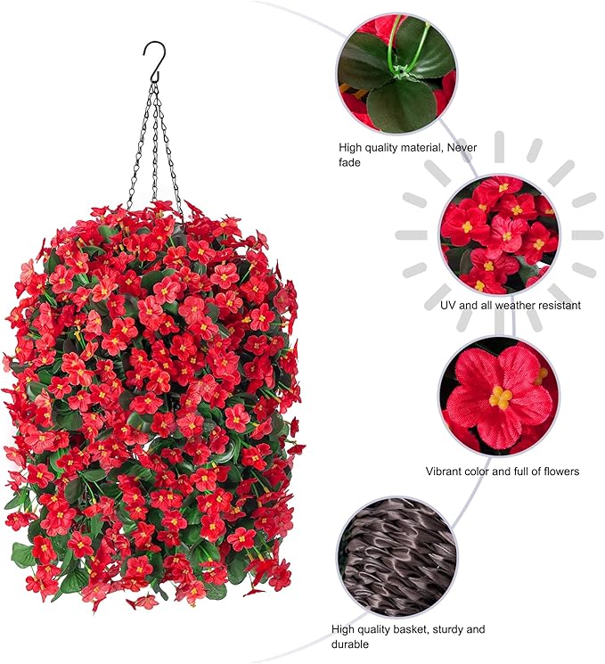 Artificial Fall Hanging Flowers with Baskets, Fake Silk Hanging Basket Daisy Orchid Flowers Plants, Faux Mums Flower Centerpieces for Home Indoor Outdoor Garden Patio Autumn Decoration(Red)