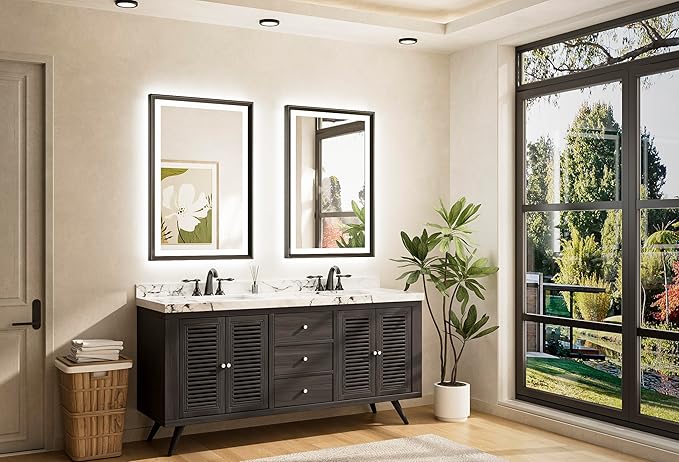 TETOTE Black LED Bathroom Mirror with Lights 24x36 Front & Back Light Vanity Framed Mirror Baroque Gothic Anti Fog Dimmable White/Warm/Natural,CRI90+,Waterproof,Wall Mounted(Horizontal/Vertical)