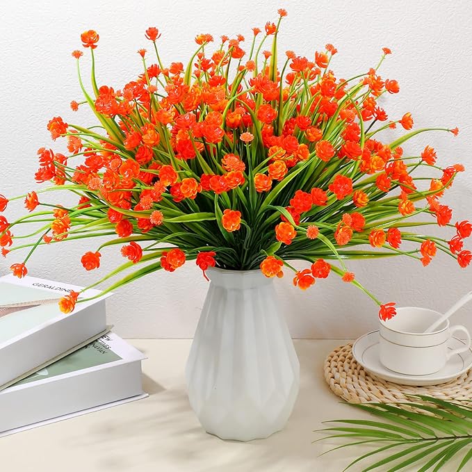 Hoteam 40 Bundles Fall Outdoor Artificial Flowers Plants UV Resistant Outside Faux Flowers Plastic Fake Plants Outdoor Summer Seasons Decoration Shrubs Garden Porch, Orange