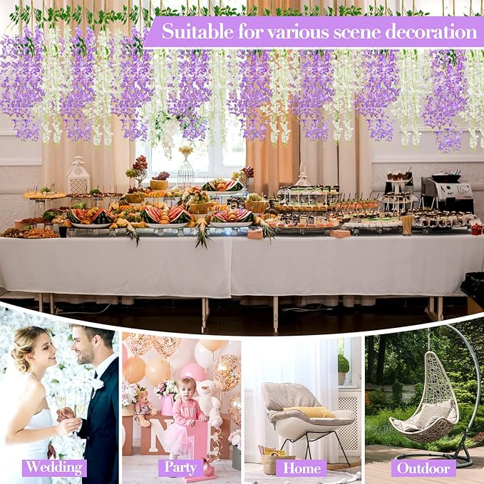 Giegxin 24 Pcs Artificial Wisteria Hanging Flowers 3.6 ft Artificial Fake Wisteria Vine Rattan Hanging Garland Silk Flowers String for Wall Home Wedding Party Greenery Decorations (Purple,White)