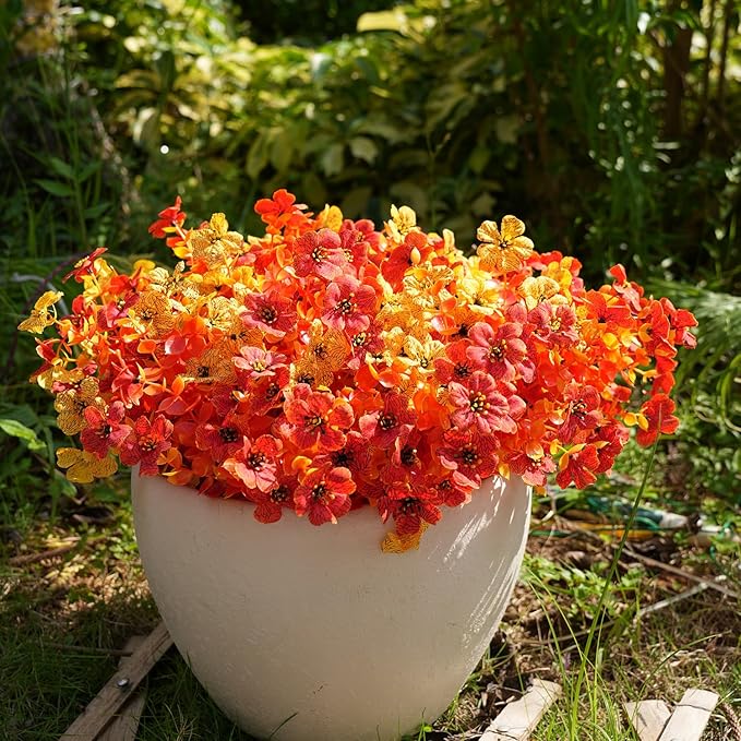 Artificial Flowers for Outdoor, UV Resistant Fake Silk Flowers, Realistic Faux Plants for Outside Indoor Porch Patio Window Box Planter Home Decor (16, Fall OrangeRed Yellow)