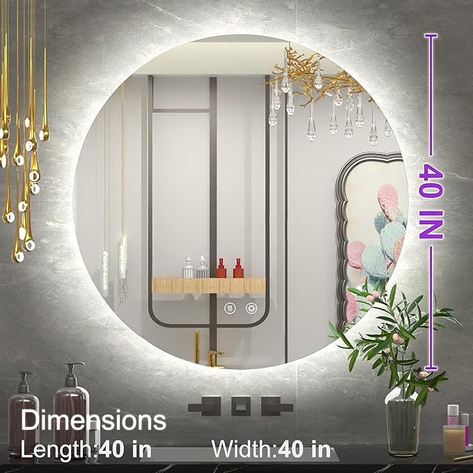 40 Inch Round LED Mirror, Backlit Round Lighted Bathroom Mirror,Large Circle Vanity Wall Mounted, Anti-Fog, Dimmable, 3000K/4500K/6000K