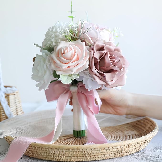 ponatia Dusty RoseWedding Bouquets for Bride Bridesmaid, Blush Pink Wedding Artificial Roses Flowers for Wedding Bouquets Ceremony, Anniversary (Dusty Rose & Blush)