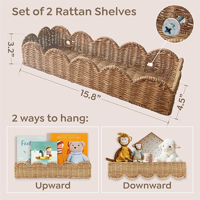 Nursery Book Shelves Set of 2 - Artisanal Natural Rattan Scalloped Book Shelf for Kids Rooms 15.8" W, Cute Wicker Nursery Bookshelf Wall Mounted, Handwoven Floating Kids Bookshelf, Baby Boho Decor
