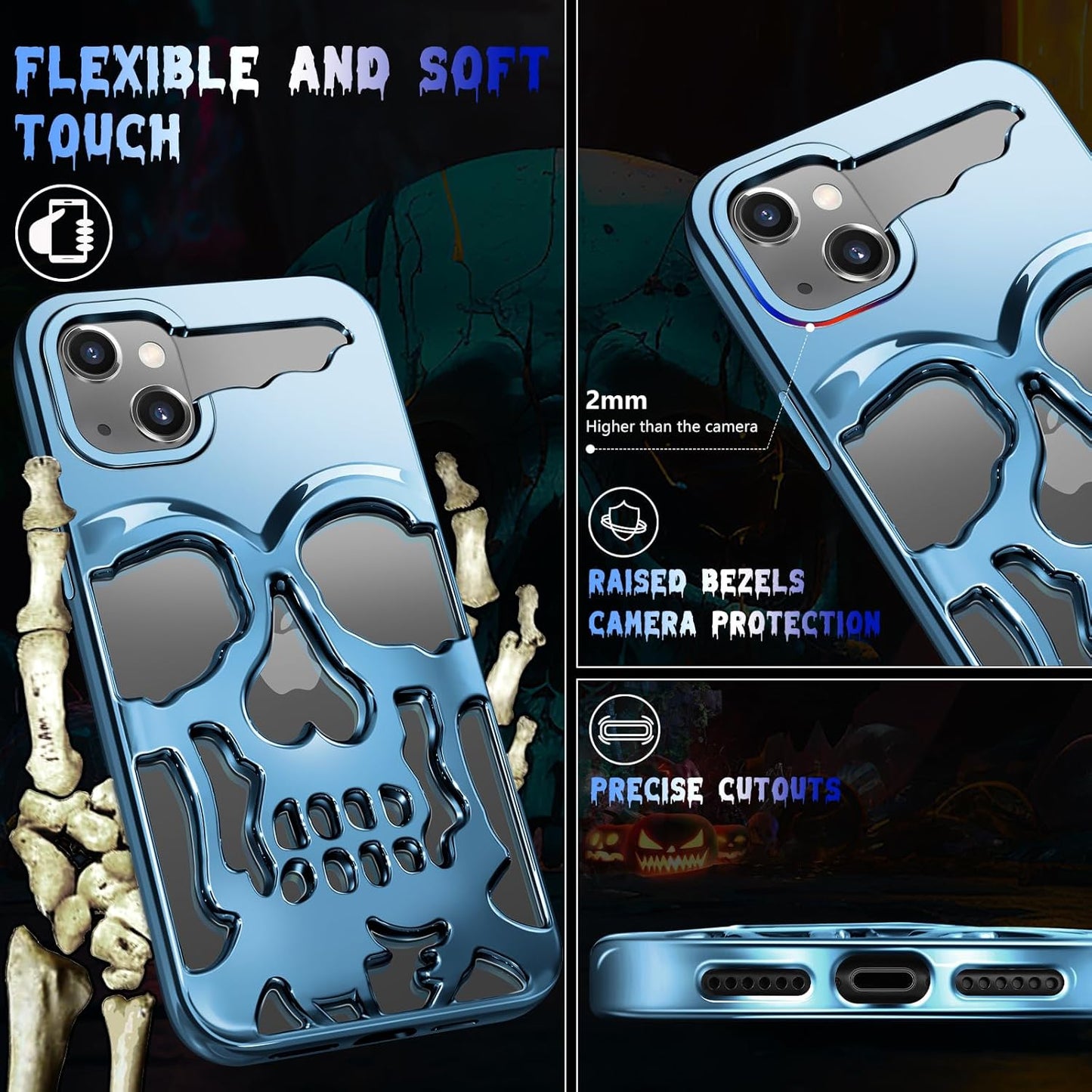 iPhone 13 Phone Case, Sierra Blue Cool Skull Skeleton Gothic Hollow Design for Men & Women