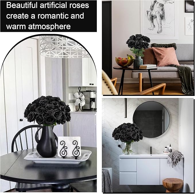 Ouddy Decor 50 Pcs Artificial Black Roses Bulk Realistic Fake Silk Flowers with Long Stems for Fall Halloween Wedding Bridal Bouquet DIY Table Centerpieces Arrangement Valentines Home Decor