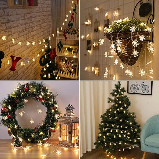 BrizLabs Snowflake Lights, 40 LED 16.08ft Christmas Lights with Remote, Twinkle Snowflake String Lights Battery Operated, 8 Modes Xmas Light Waterproof for Outdoor Indoor Tree Room Decor, Warm White