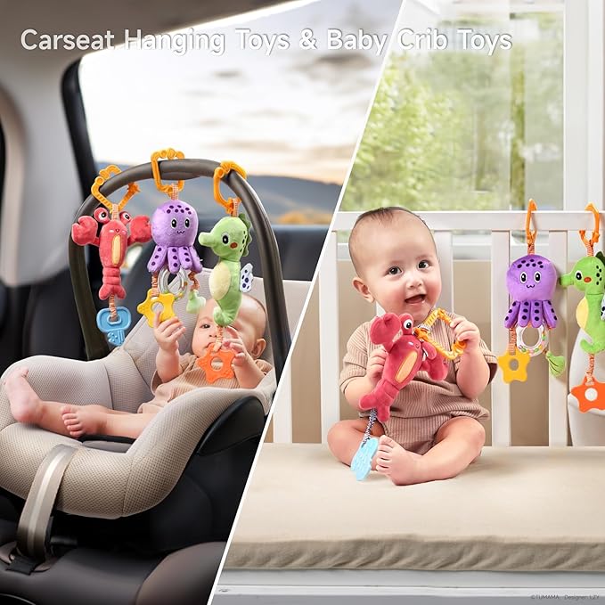 TUMAMA Baby Toys 0 3 6 12 Months, Hanging Stroller Toys Soft Marine Animal Crib Car Seat Toys, Crinkle Infant Rattles with Teether Squeaky Sensory Developmental Toy for Newborn