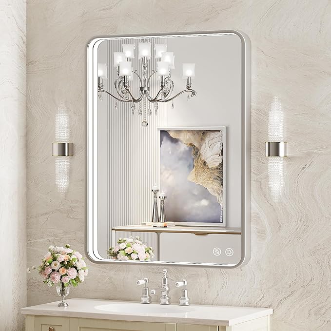 28x36 Inch LED Mirror for Bathroom,Brushed Sliver Metal Frame Lighted Vanity Mirror, Anti Fog Stepless Dimmable,Wall Mounted(Horizontal/Vertical)