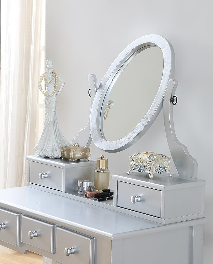 Roundhill Furniture Ashley Silver Wood Makeup Vanity Table and Stool Set, Sliver
