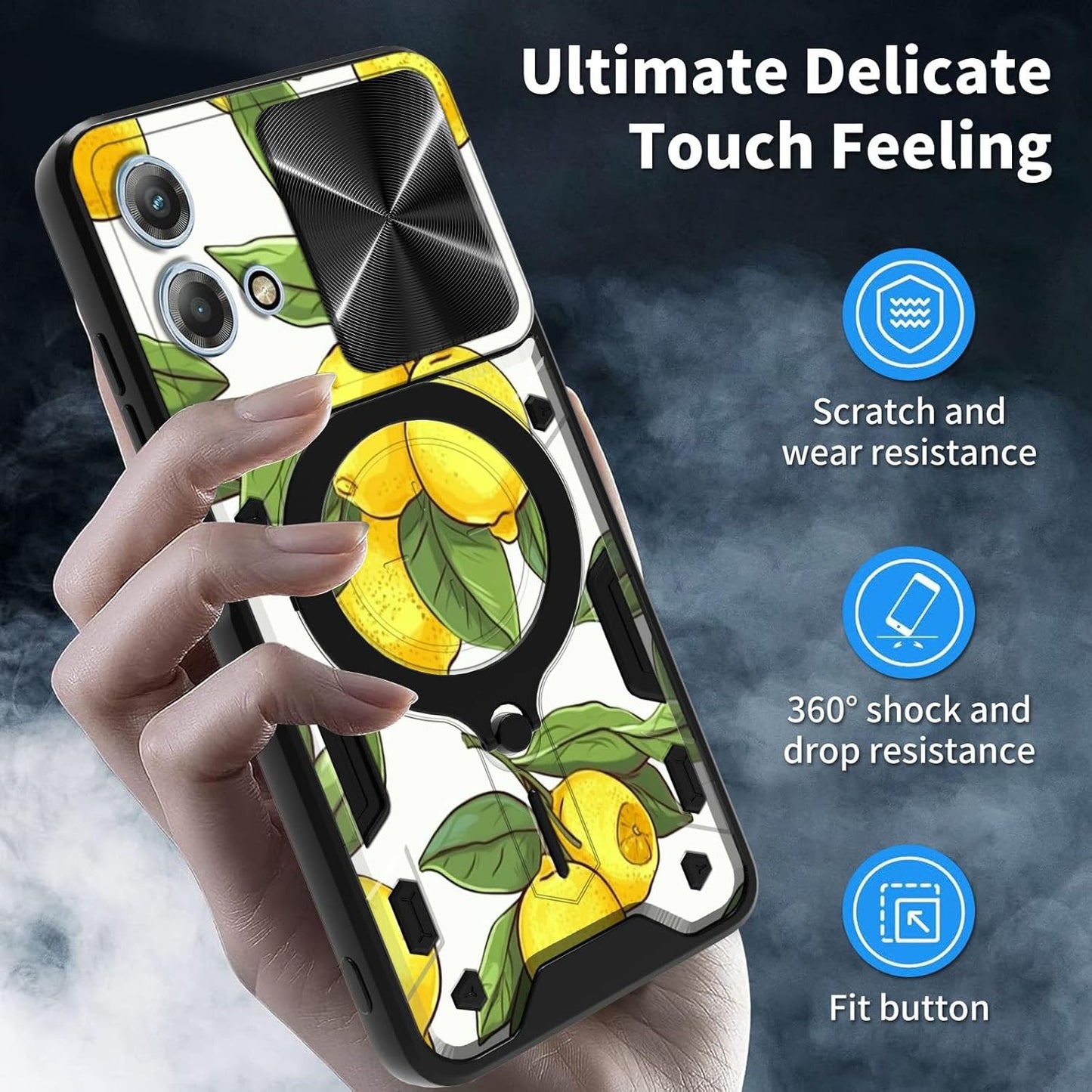 Motorola Moto G Stylus 5G 2023 Case: Slide Camera Lens Cover & 360 Degree Rotate Ring Kickstand - Lemons