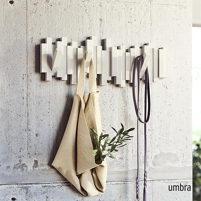 Umbra Sticks Wall-Mounted Coat Rack Rail Hook with 5 Retractable Pegs – Modern, Space-Saving Storage Organizer, White