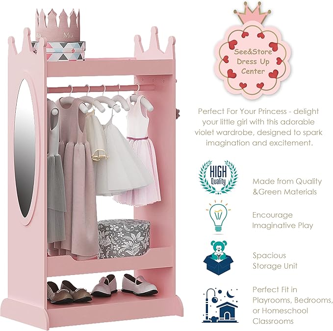 UTEX Kids Dress up Storage with Mirror,Costume Wardrobe for Kids, Open Hanging Armoire Closet,Pretend Storage Closet, Costume Storage Dresser (Pink)