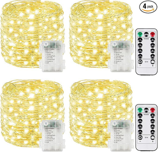 4 Pack Christmas Fairy Lights Battery Operated with Remote, Each 33FT 100LED Waterproof Twinkle Lights with Timer, String Light Indoor & Outdoor for Bedroom Wedding Christmas Decorations (Warm White)