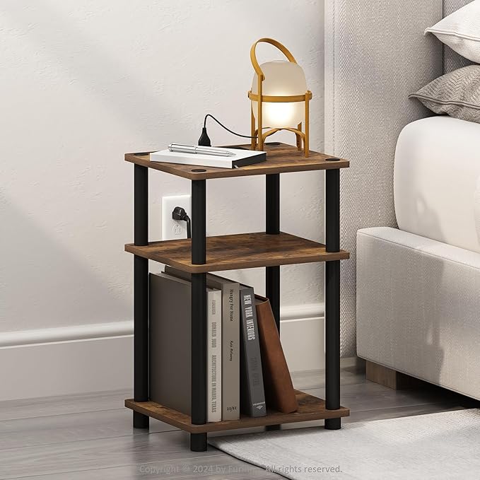 Furinno JUST Night Stand, 3-Tier Turn-N-Tube Nightstand with Charging Station, Bedside Table, End Table, Side Table with USB and Type-C Charging Port, for Bedroom, Living Room, Amber Pine