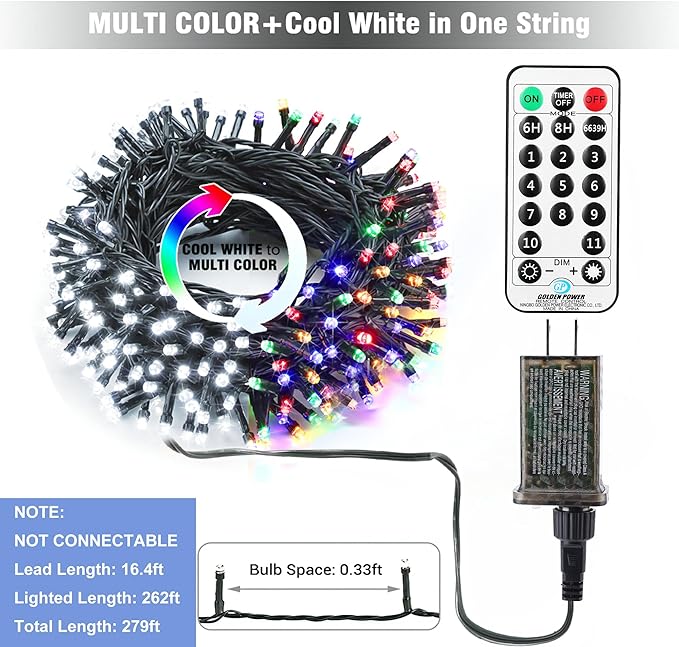 Brizled Christmas String Lights, 279ft 800 LED Color Changing Christmas Lights with Remote, 11 Modes Tree Light Cool White & Multicolor Green Wire Xmas Light Outdoor for Xmas Party Home