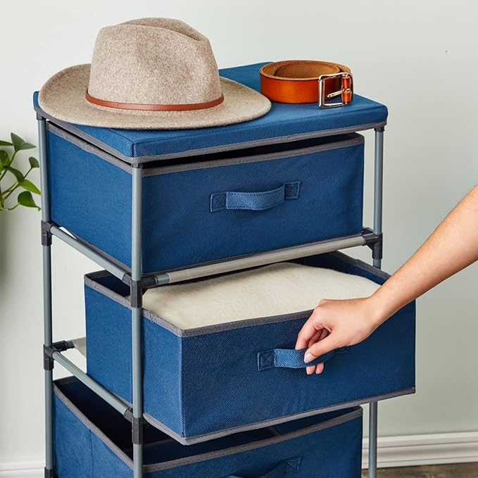 Juvale 4-Tier Tall Dresser with Drawers - 16.5 x 13 x 33 in, Navy Blue - Fabric Storage Drawers & Closet Organizer - Kids Dresser & Bedroom Storage