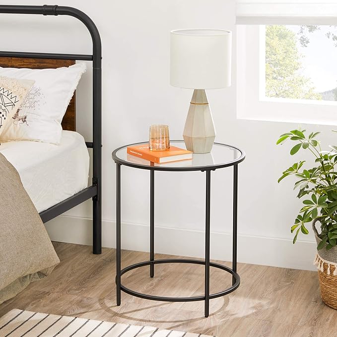 VASAGLE Round Side Tables, Set of 2, Glass End Tables with Metal Frame, Black Coffee Tables with Modern Style, for Living Room, Balcony, Bedroom, Black