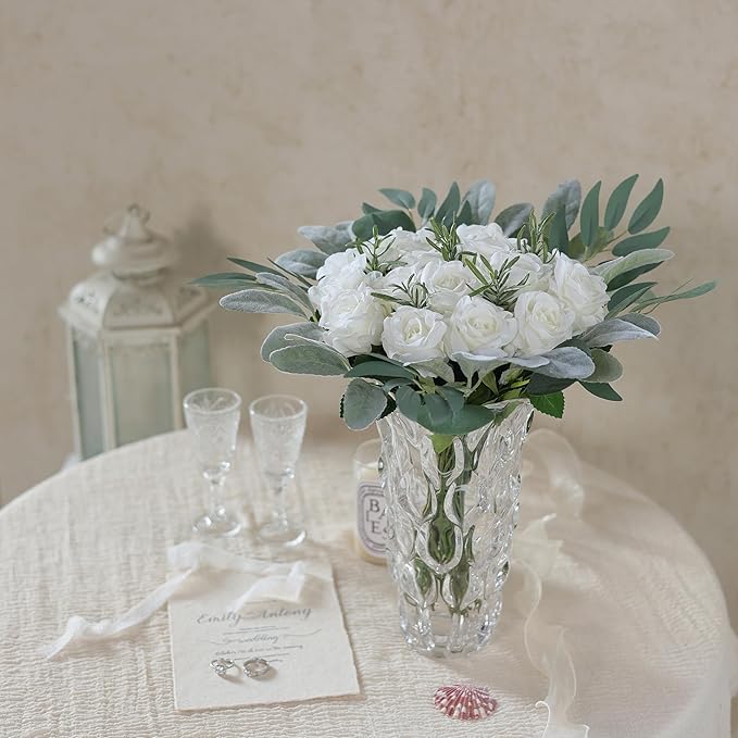FOTEEWL 60 Pcs Artificial Rose Flower Realistic Faux Silk Roses Stem Fake Roses Bouquet for Flower Arrangement,Wedding Centerpieces,Party,Home Decorations (White)