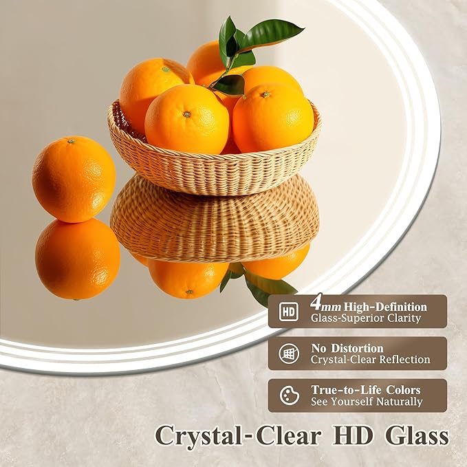 30''x30'' Lighted Mirrors for Bathroom Wall Backlit + Front Lit, Round LED Bathroom Mirror Frameless with Lights Anti Fog, Dimmable, 3 Colors,Tempered Glass, Shatter-Proof