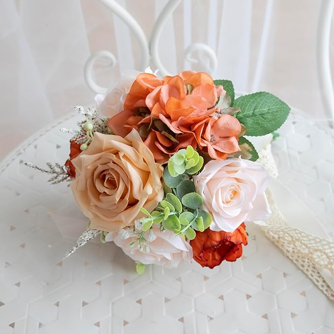 Wedding Bouquets for Bride Bridesmaid, Artificial Burnt Orange Bride Flower Bouquet for Wedding Church Decoration Ceremony, Anniversary, etc, Roses Flowers