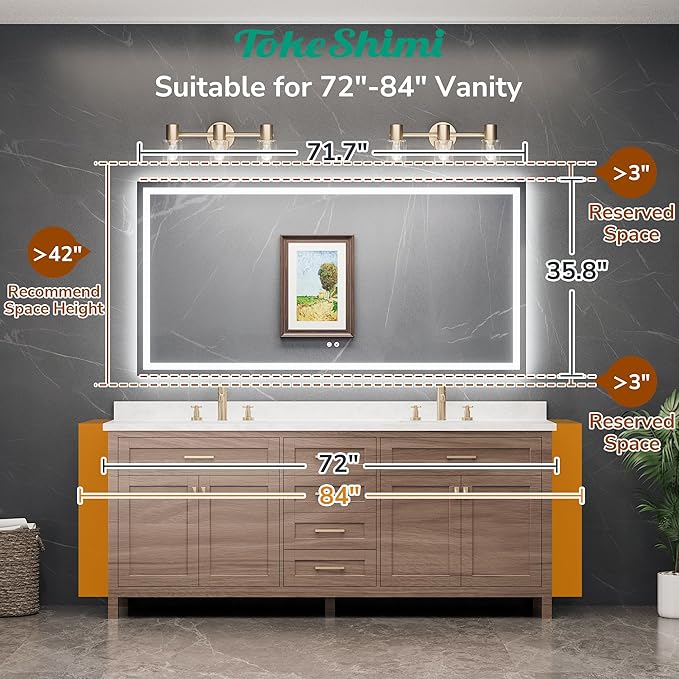 TokeShimi 72x36 LED Mirror for Bathroom with 3-Color Lights,Lighted Vanity Mirror with Lights,Anti-Fog,Stepless Dimmable,HD Tempered Glass,Memory Function,Waterproof,Shatterproof,UL Listed